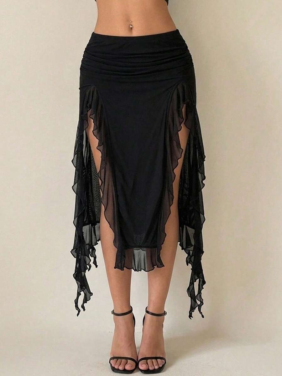 Women's black low rise asymmetrical midi skirt with ruched mesh fabric and layered ruffle hem
