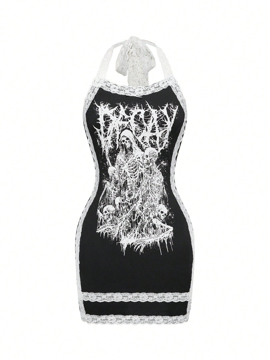 Front view of women's black halter bodycon mini dress featuring contrast lace trim and backless style