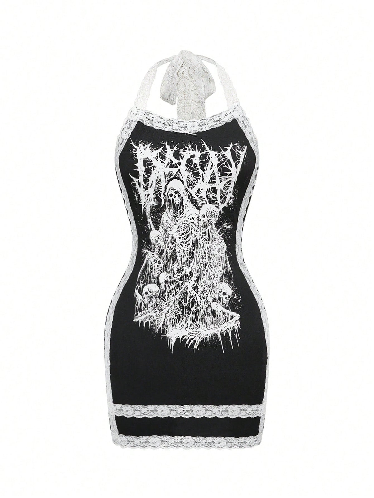 Front view of women's black halter bodycon mini dress featuring contrast lace trim and backless style