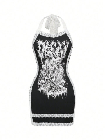 Front view of women's black halter bodycon mini dress featuring contrast lace trim and backless style