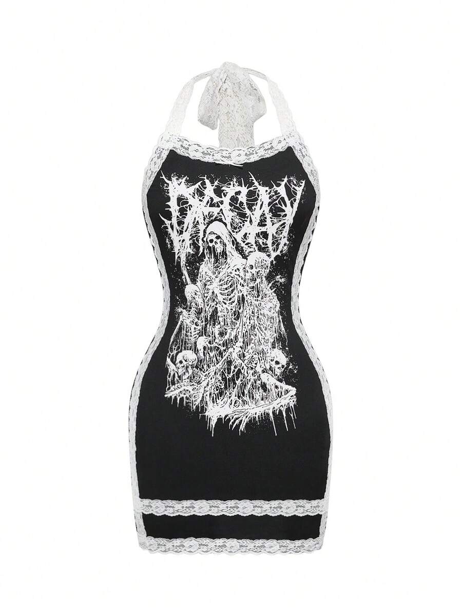 Front view of women's black halter bodycon mini dress featuring contrast lace trim and backless style