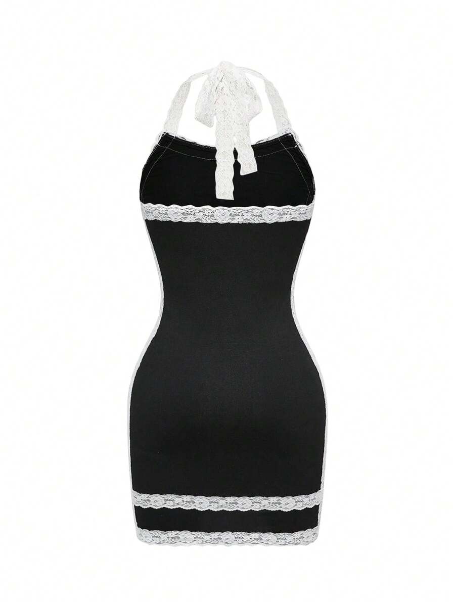 Front view of women's black halter bodycon mini dress featuring contrast lace trim and backless style