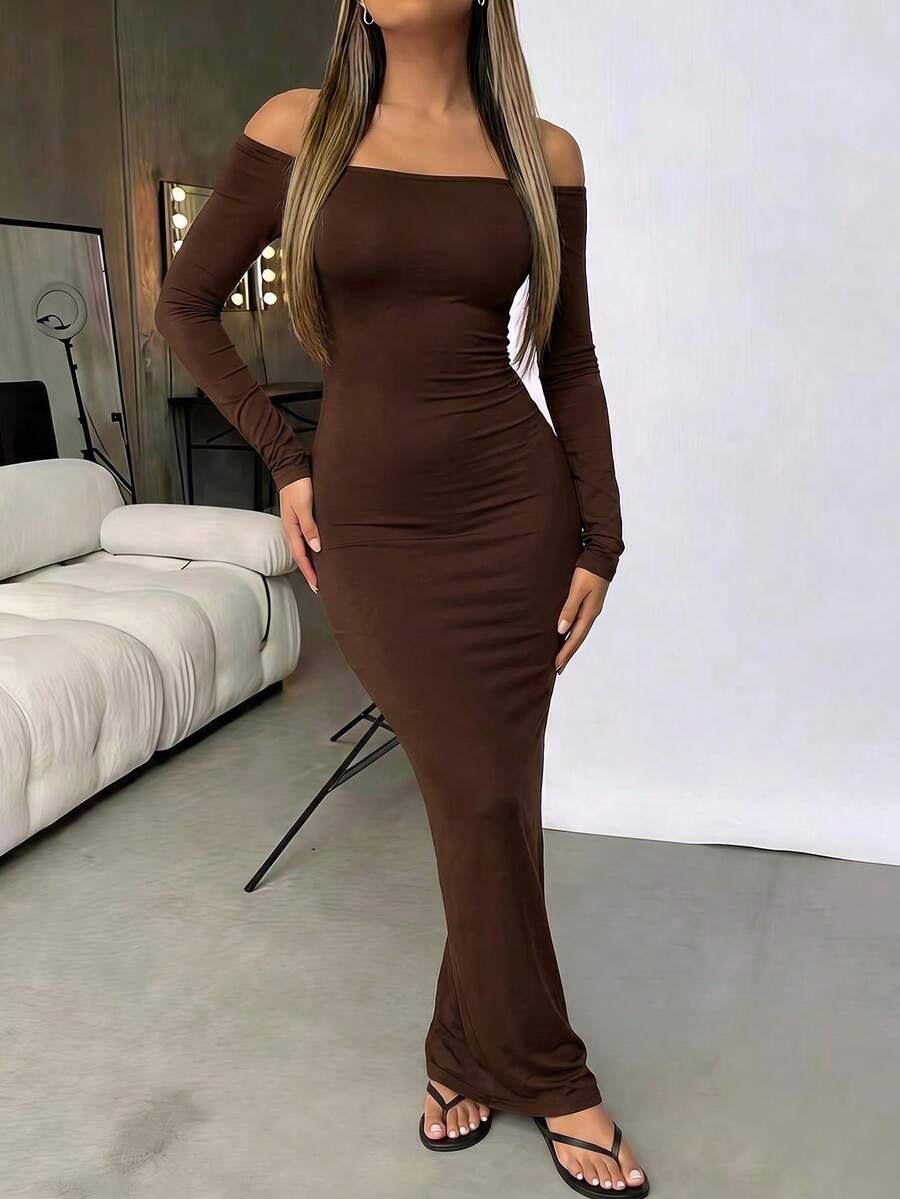 Women's coffee long sleeve off-the-shoulder knitted bodycon maxi dress with slim fit and mermaid hem