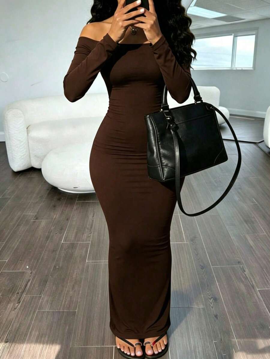 Women's coffee long sleeve off-the-shoulder knitted bodycon maxi dress with slim fit and mermaid hem