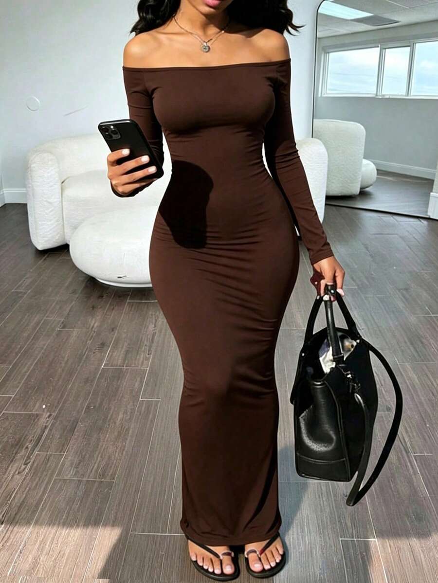Women's coffee long sleeve off-the-shoulder knitted bodycon maxi dress with slim fit and mermaid hem