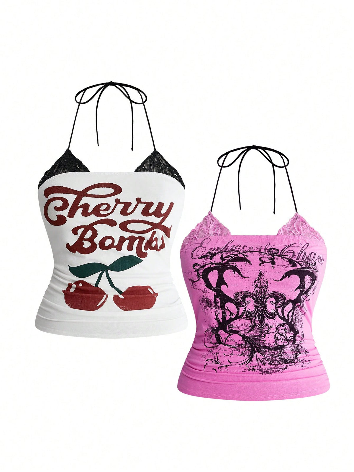 Multicolor graphic crop halter top with contrast lace trim and knot detail in a slim fit stretch knit fabric.