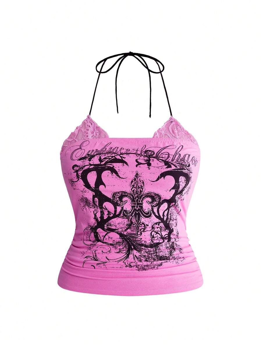 Multicolor graphic crop halter top with contrast lace trim and knot detail in a slim fit stretch knit fabric.