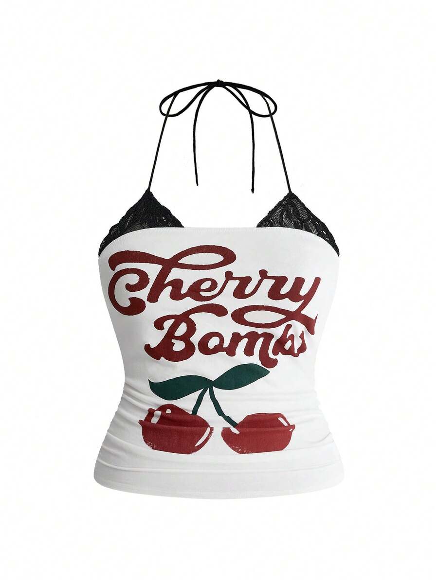Multicolor graphic crop halter top with contrast lace trim and knot detail in a slim fit stretch knit fabric.