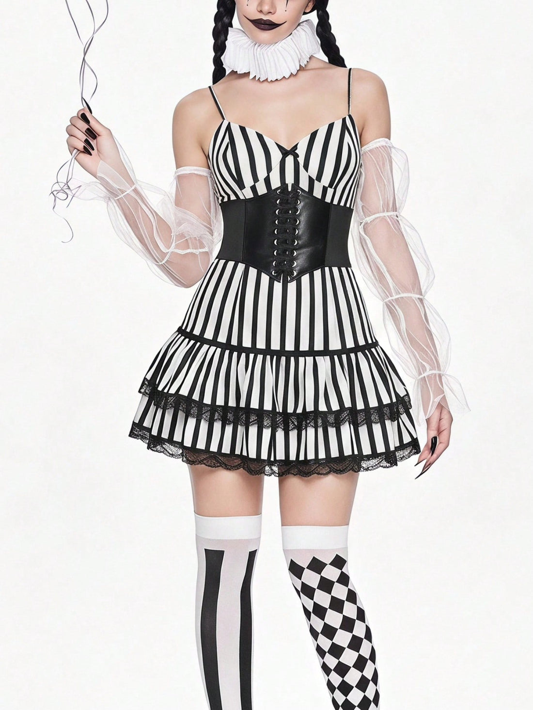 Women's black and white striped knit mini dress with spaghetti straps, slim fit silhouette, layered hem, and matching arm sleeves.