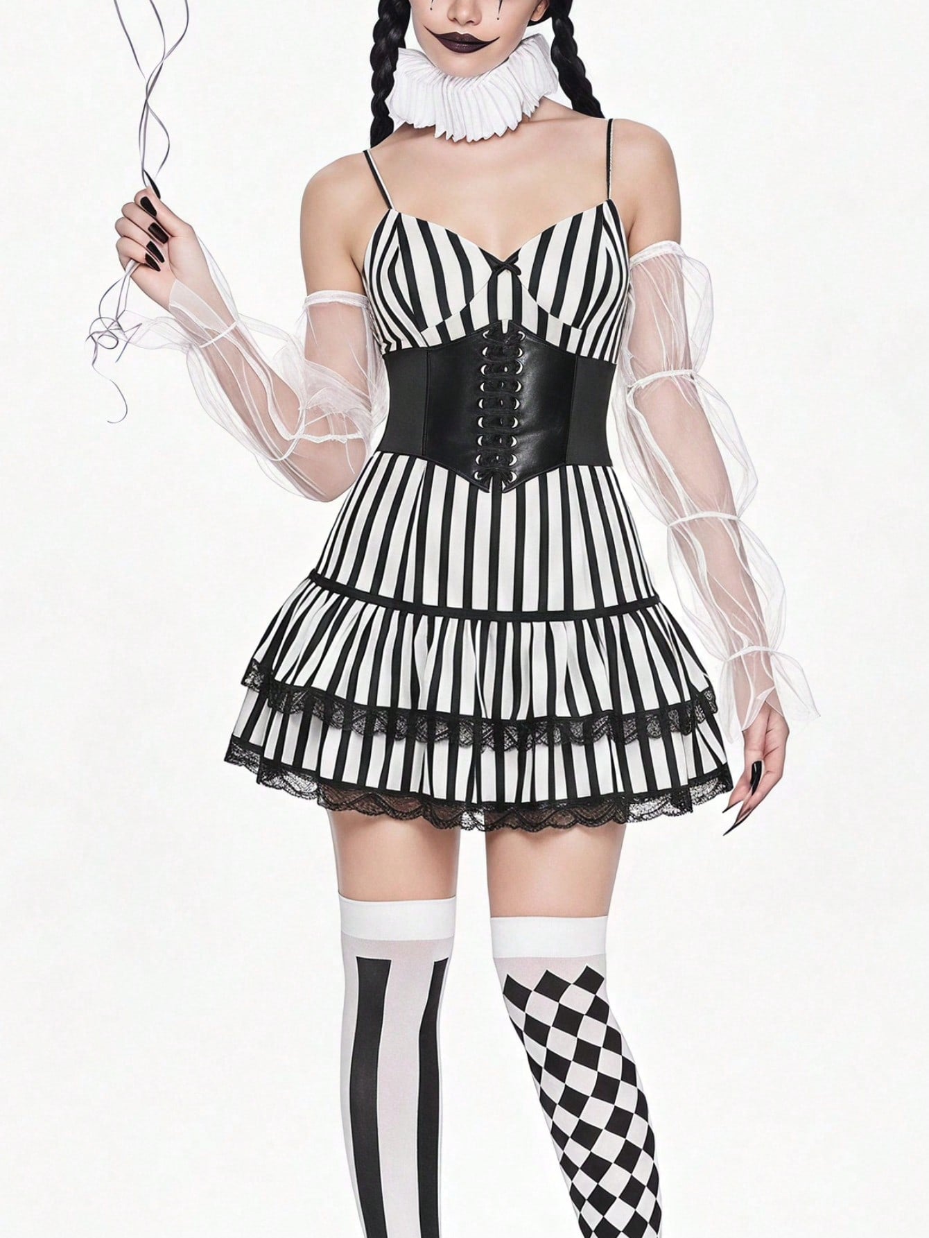 Women's black and white striped knit mini dress with spaghetti straps, slim fit silhouette, layered hem, and matching arm sleeves.