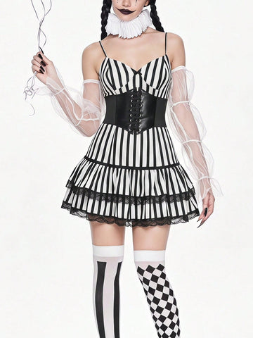 Women's black and white striped knit mini dress with spaghetti straps, slim fit silhouette, layered hem, and matching arm sleeves.
