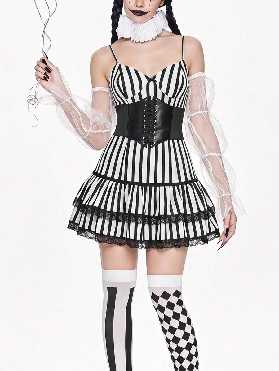 Women's black and white striped knit mini dress with spaghetti straps, slim fit silhouette, layered hem, and matching arm sleeves.