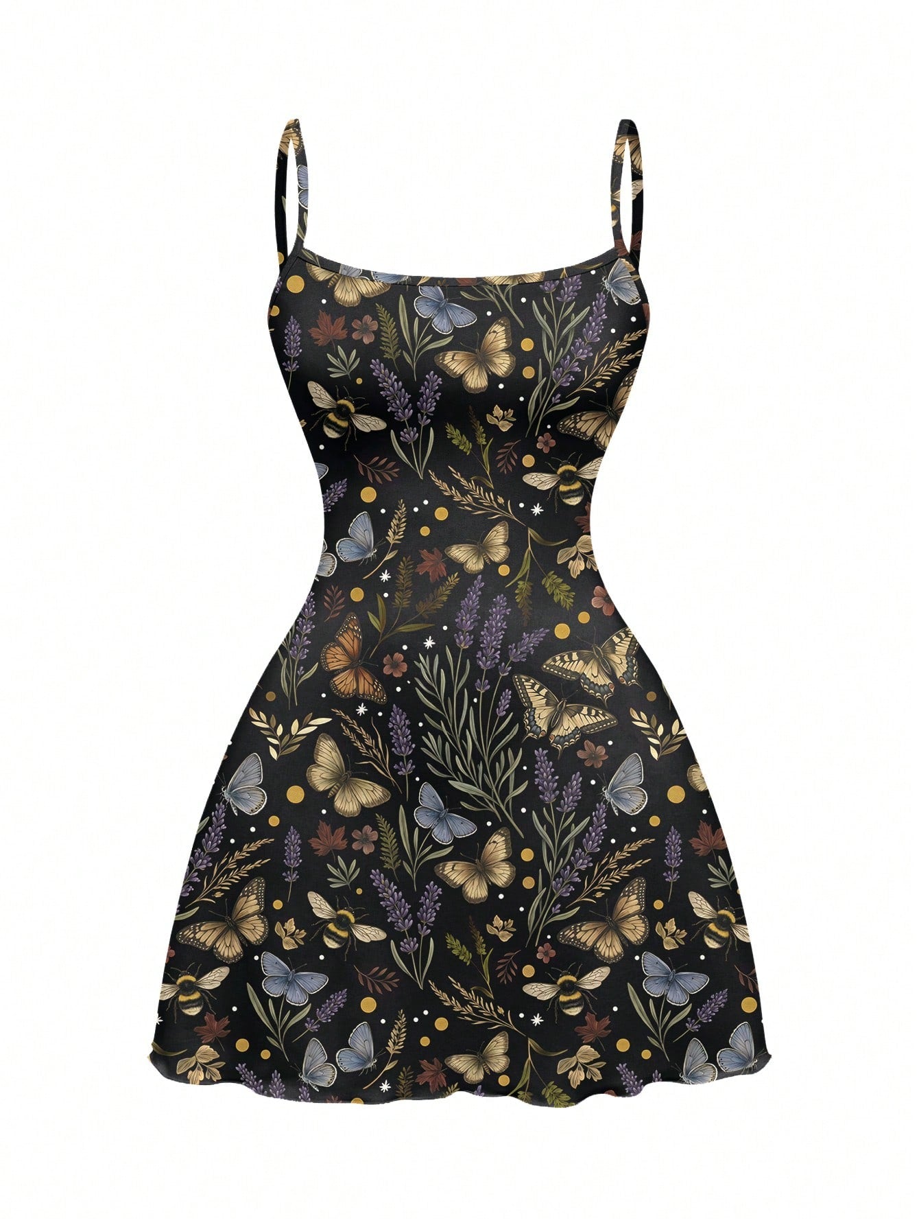 Beige graphic cami mini dress for women featuring a backless slim fit design, high waist flared hem, lettuce trim, spaghetti straps, and arm sleeves.