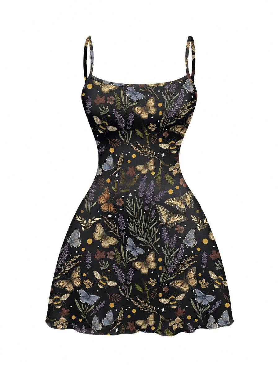 Beige graphic cami mini dress for women featuring a backless slim fit design, high waist flared hem, lettuce trim, spaghetti straps, and arm sleeves.