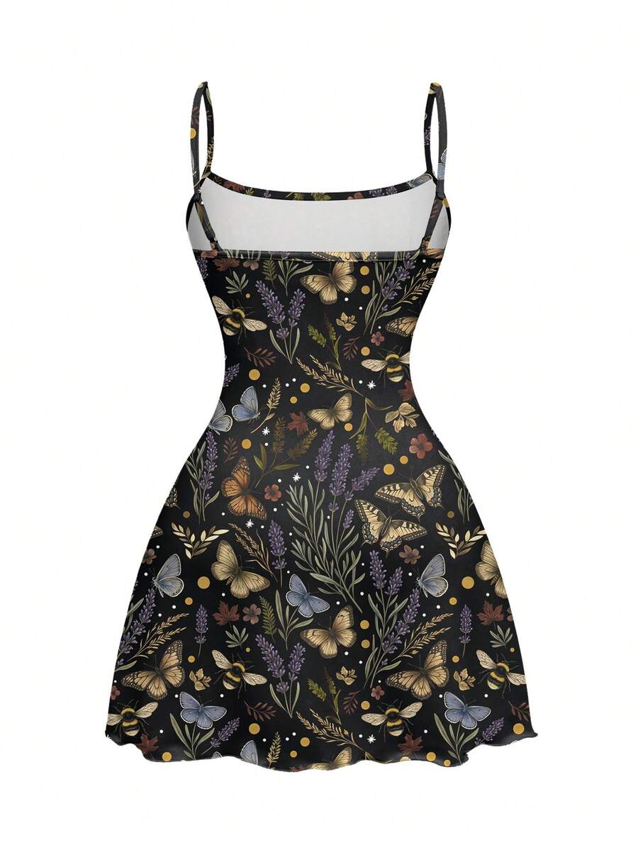 Beige graphic cami mini dress for women featuring a backless slim fit design, high waist flared hem, lettuce trim, spaghetti straps, and arm sleeves.