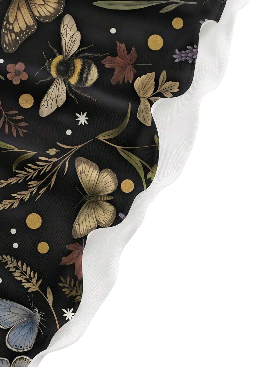Beige graphic cami mini dress for women featuring a backless slim fit design, high waist flared hem, lettuce trim, spaghetti straps, and arm sleeves.