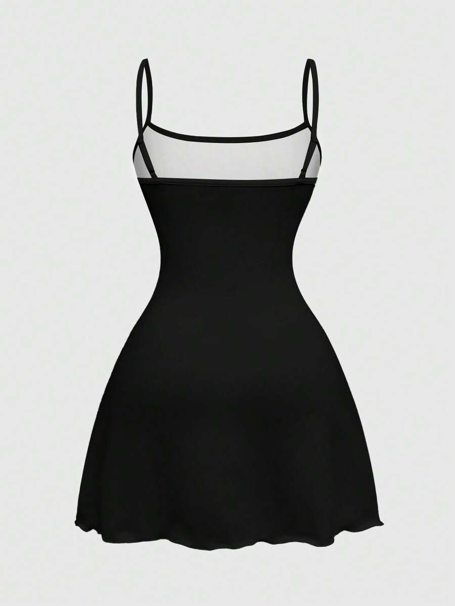 Beige graphic cami mini dress for women featuring a backless slim fit design, high waist flared hem, lettuce trim, spaghetti straps, and arm sleeves.