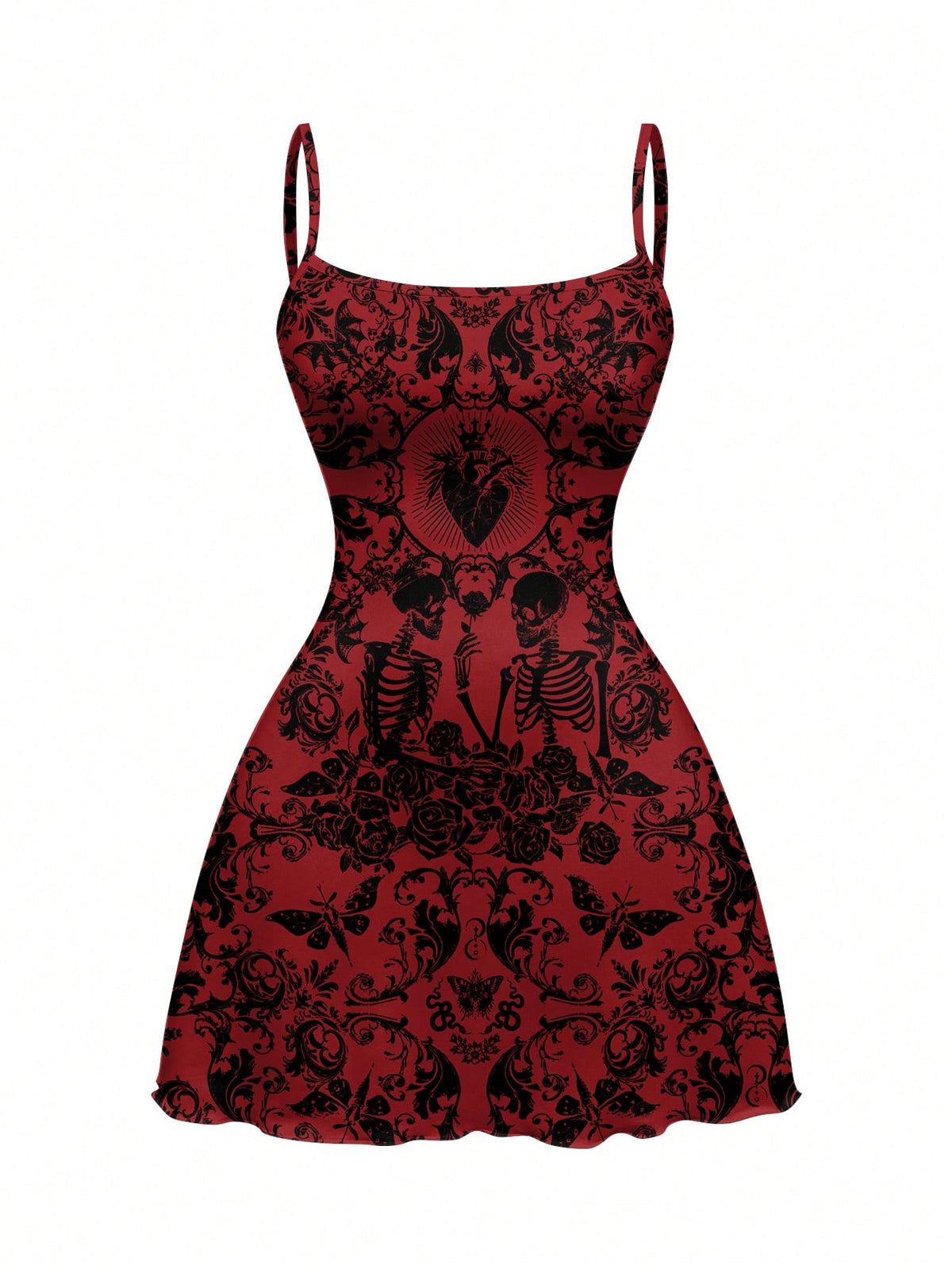 Women wearing a black gothic skull print backless cami mini dress with spaghetti straps and lettuce trim hem.