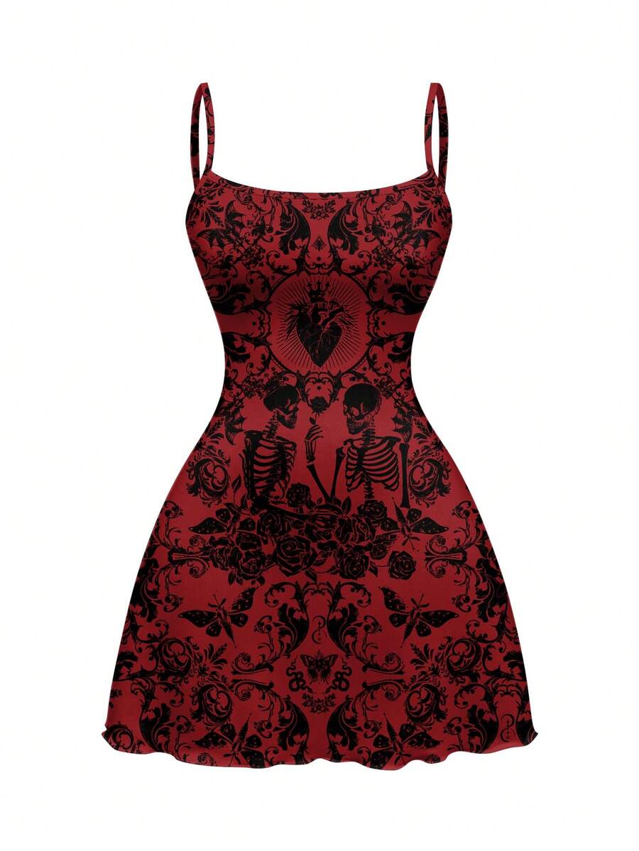Women wearing a black gothic skull print backless cami mini dress with spaghetti straps and lettuce trim hem.