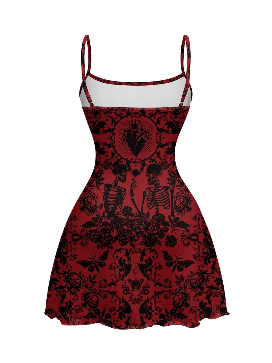 Women wearing a black gothic skull print backless cami mini dress with spaghetti straps and lettuce trim hem.