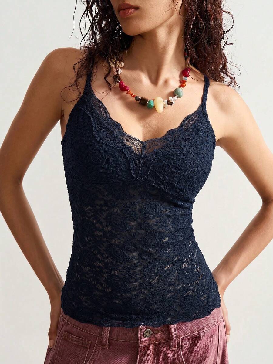 Black boho paisley knit camisole top featuring contrast lace details, spaghetti straps, and a slim crop fit for women