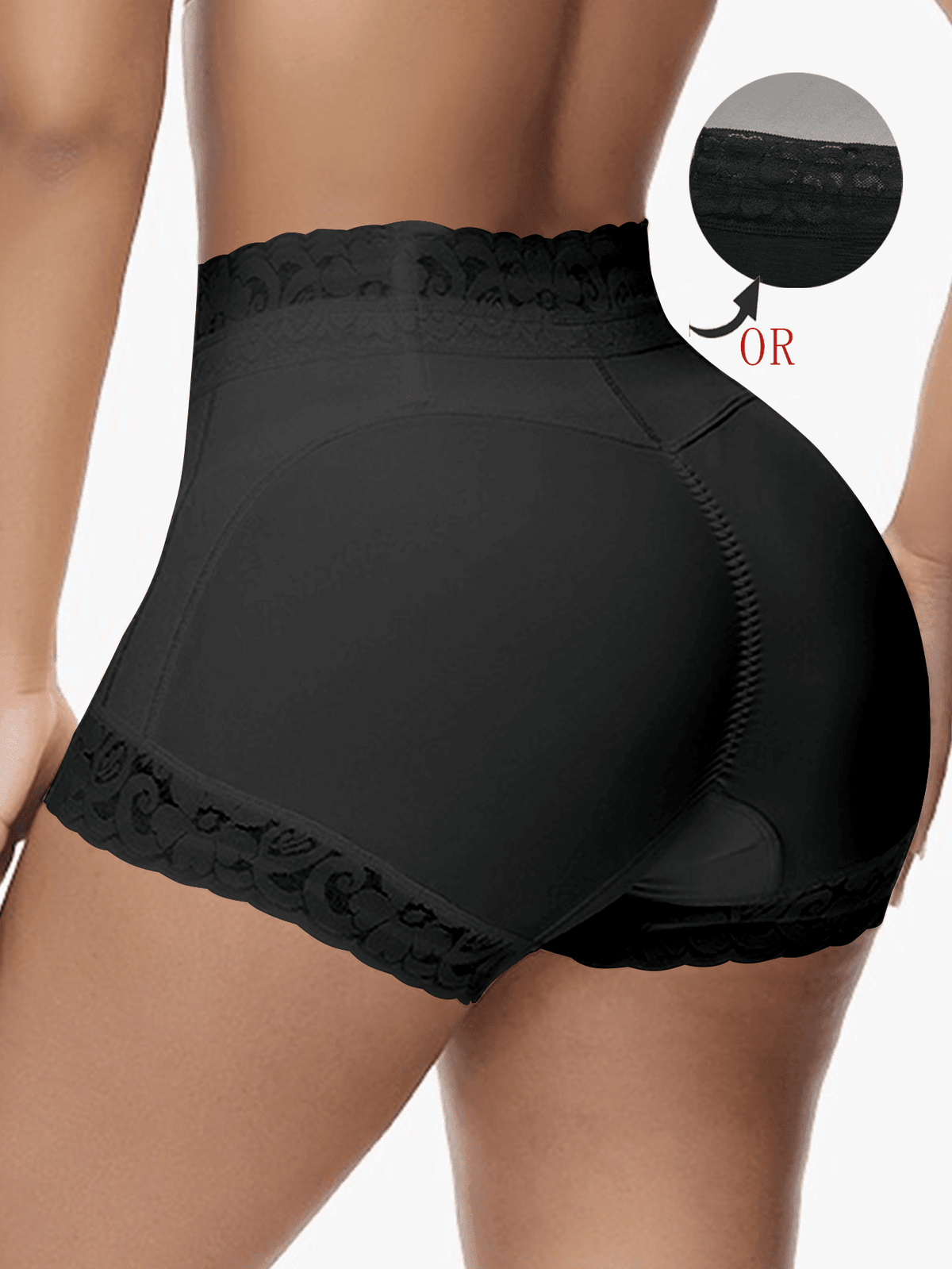 Black high waist shapewear shorts for women featuring contrast lace details and non-slip silicone grip.
