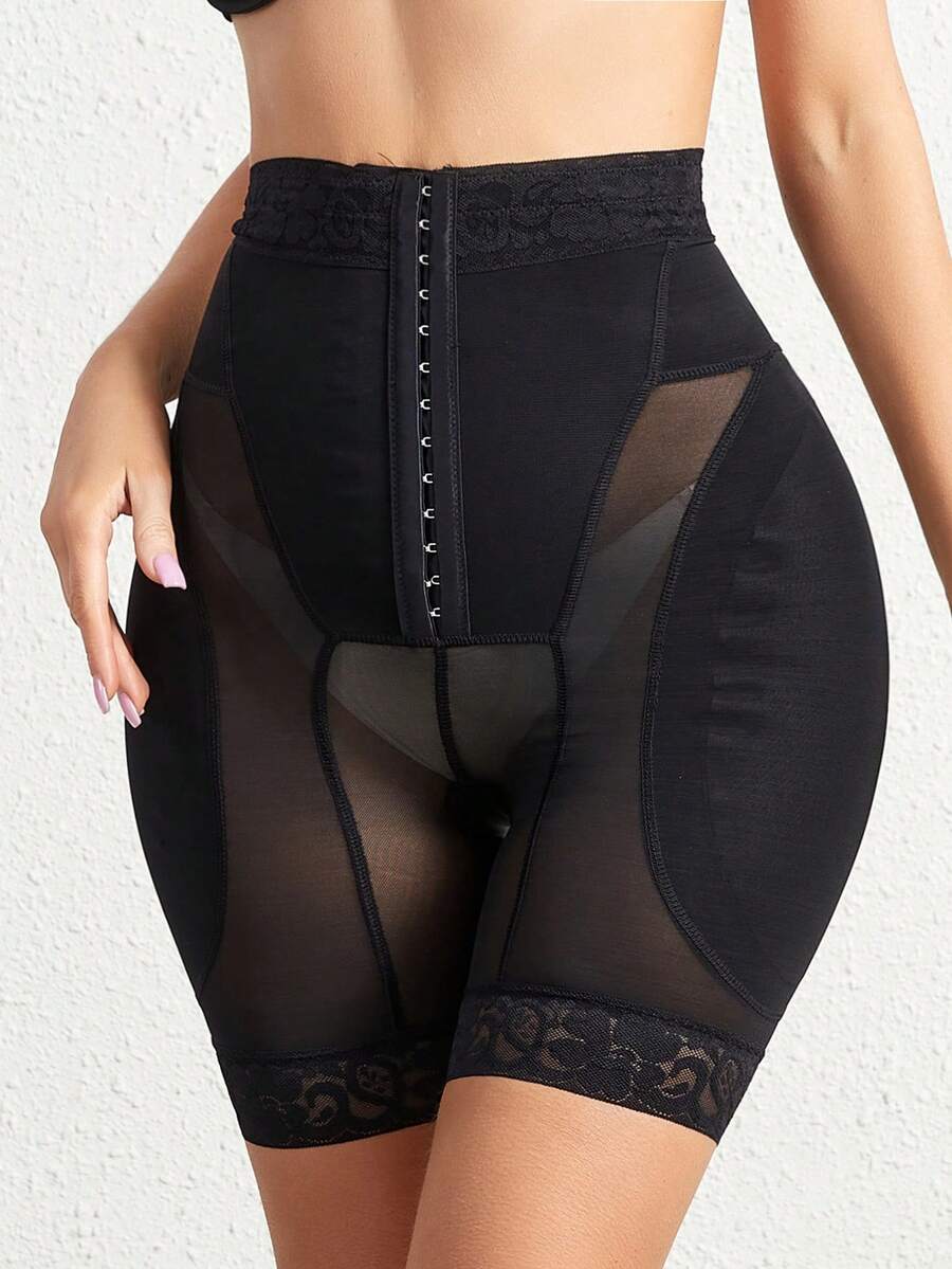 Black high waist butt lifting shapewear shorts with contrast mesh details for women