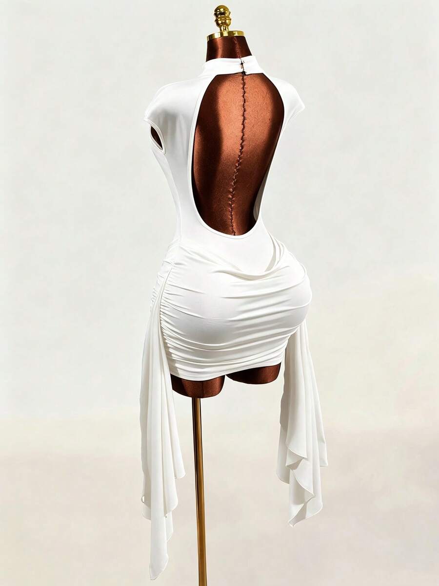 Black sleeveless Y2K bodycon mini dress featuring a backless design, ruched asymmetrical details, stand collar, and slim fit knitted fabric.