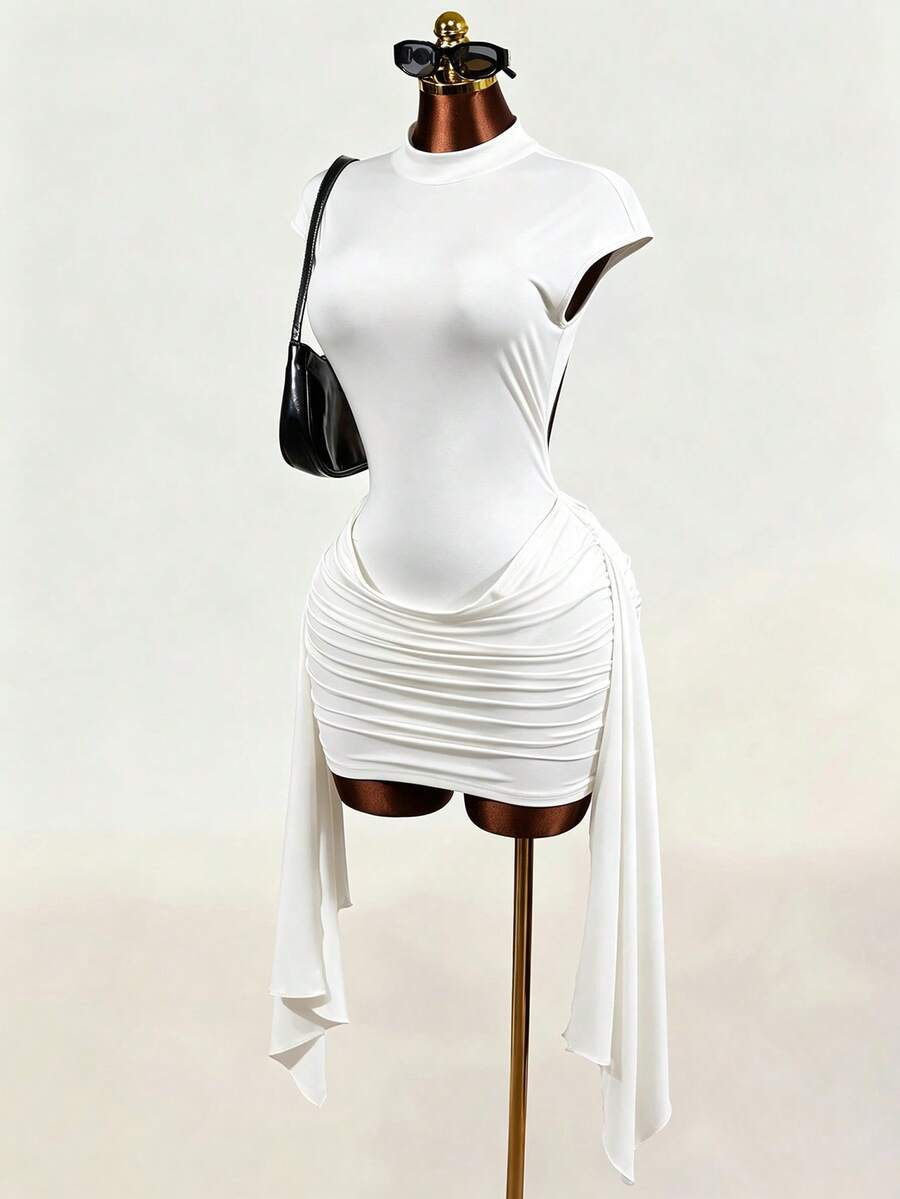 Black sleeveless Y2K bodycon mini dress featuring a backless design, ruched asymmetrical details, stand collar, and slim fit knitted fabric.