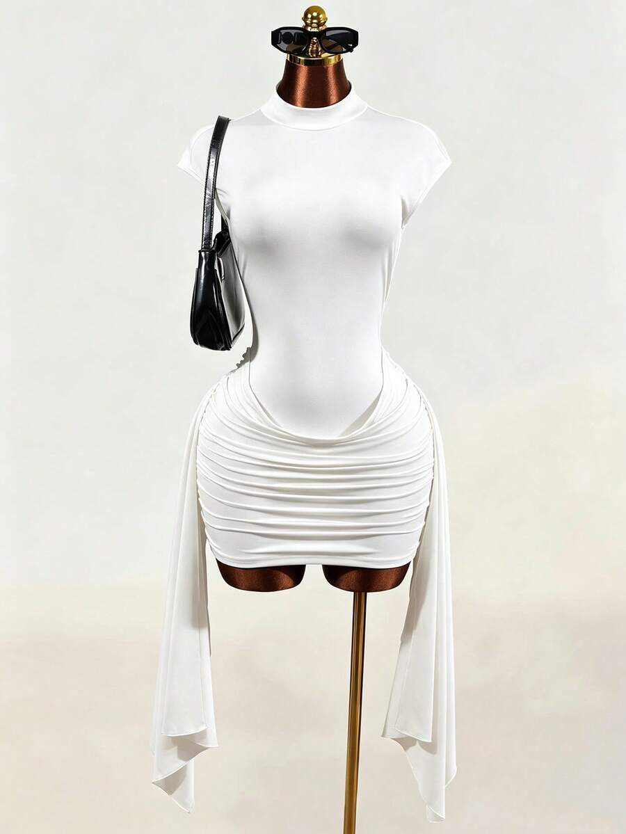 Black sleeveless Y2K bodycon mini dress featuring a backless design, ruched asymmetrical details, stand collar, and slim fit knitted fabric.