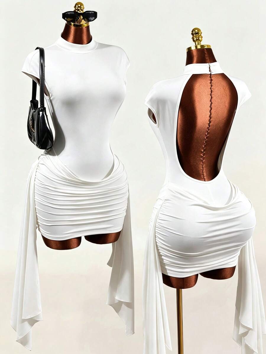 Black sleeveless Y2K bodycon mini dress featuring a backless design, ruched asymmetrical details, stand collar, and slim fit knitted fabric.