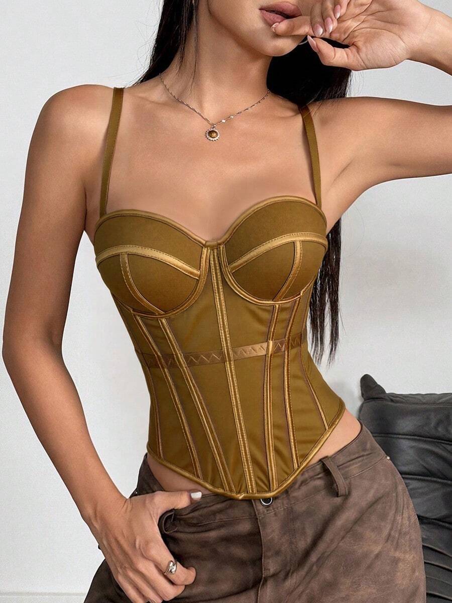 Women's brown backless corset camisole top featuring spaghetti straps, boned structure, and slim fit silhouette.