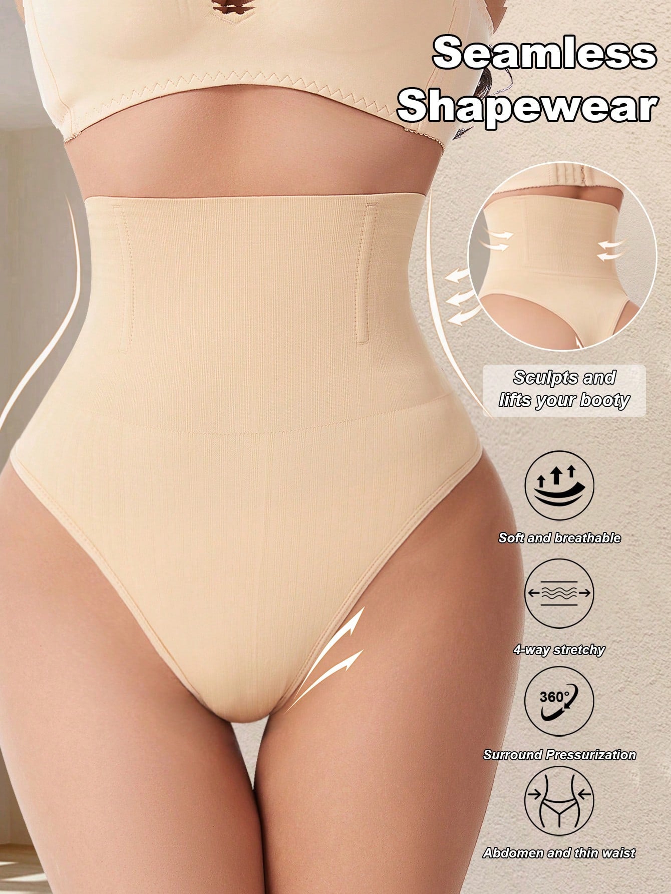 Apricot high waist seamless shaping panties for women displaying tummy control design.