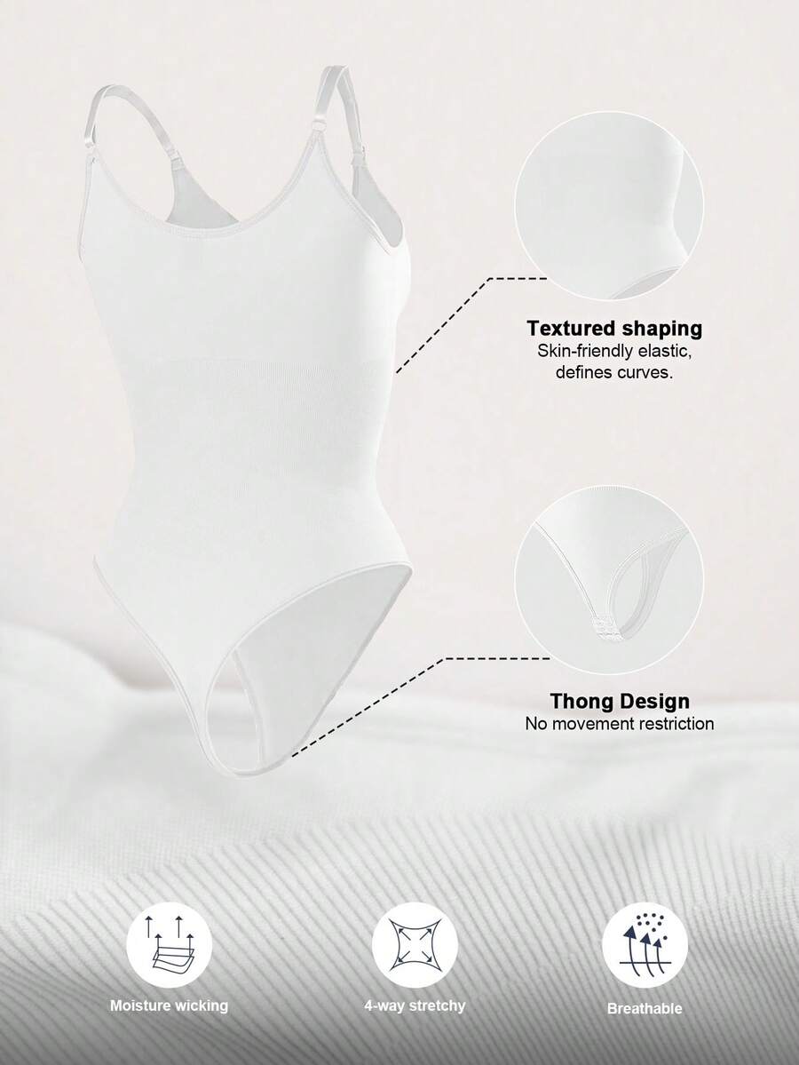 Brown seamless shapewear bodysuit featuring backless design, thong bottom, non-removable padding, and high-stretch fabric for tummy and waist control.