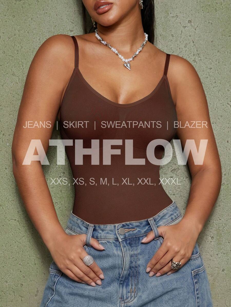 Brown seamless shapewear bodysuit featuring backless design, thong bottom, non-removable padding, and high-stretch fabric for tummy and waist control.
