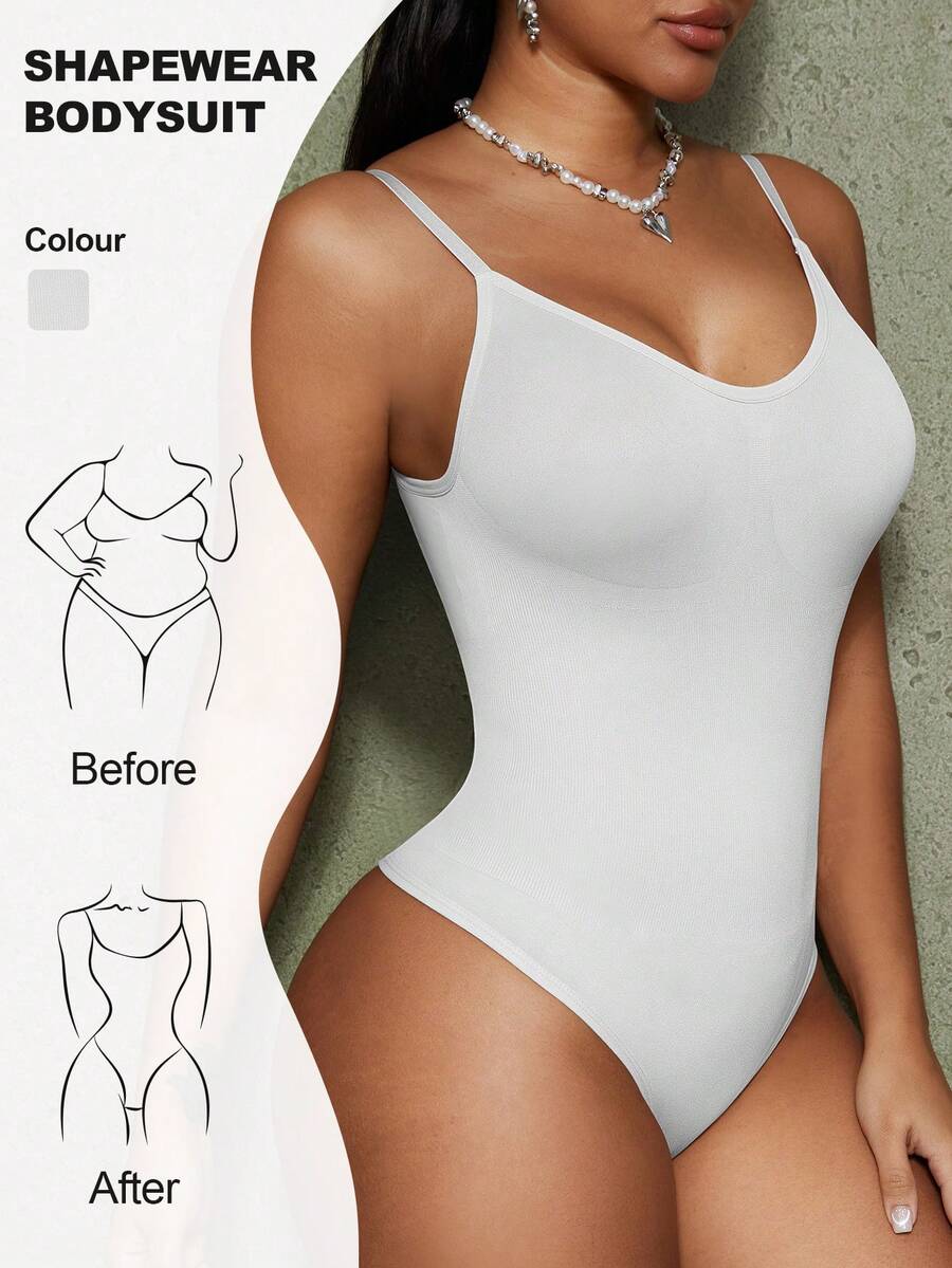 Brown seamless shapewear bodysuit featuring backless design, thong bottom, non-removable padding, and high-stretch fabric for tummy and waist control.