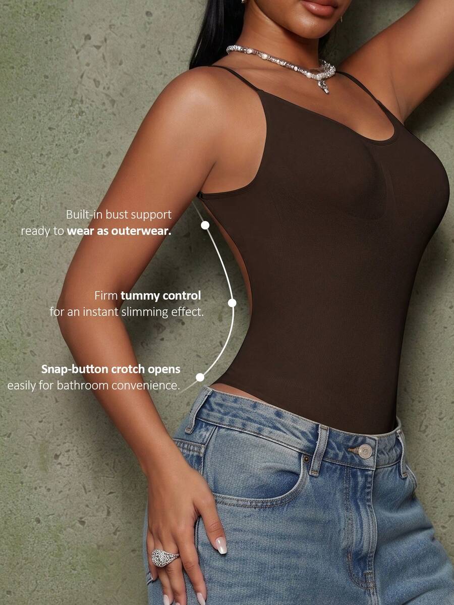 Brown seamless backless shaping bodysuit for women featuring a thong bottom and non-removable padding.
