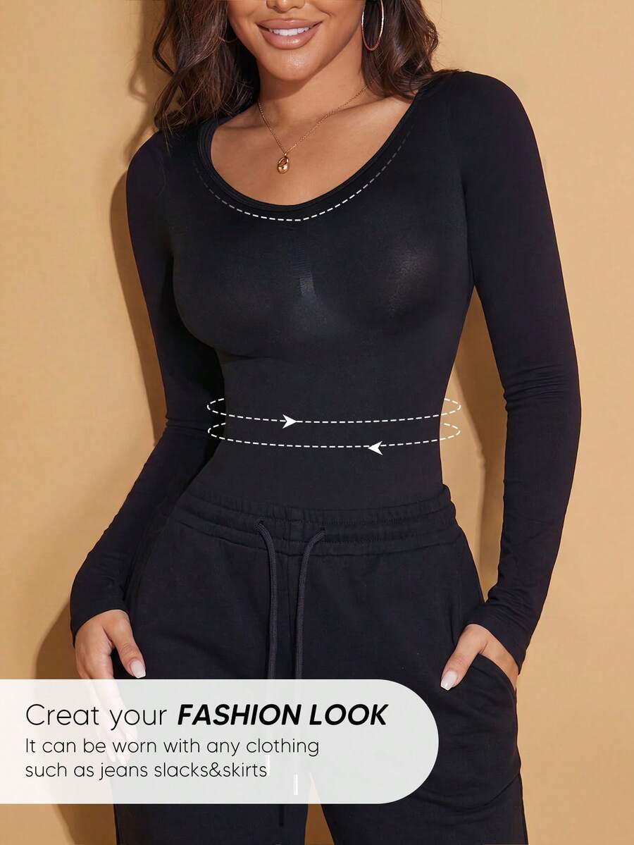 Women's long sleeve shapewear bodysuit featuring tummy control and waist training support