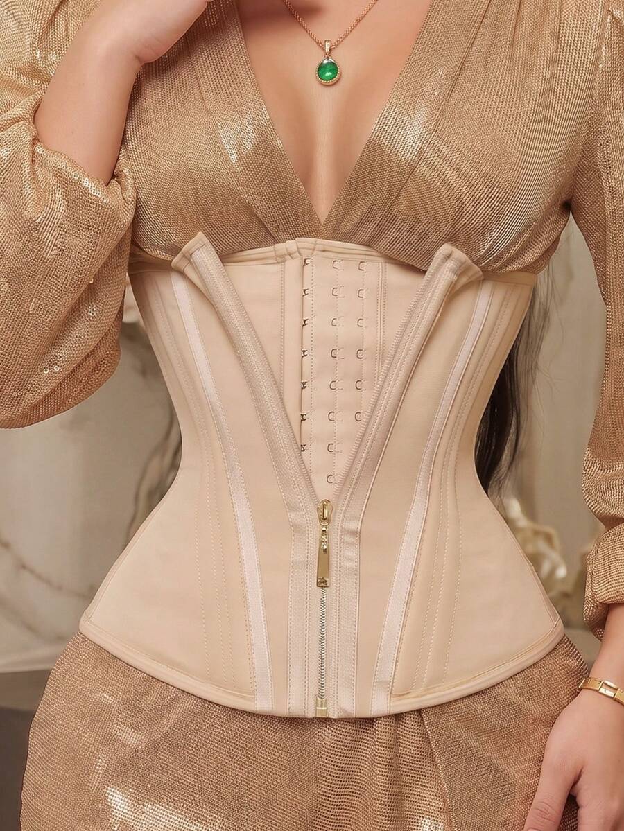 Women's high compression waist trainer shapewear with front zipper and boning for tummy and waist control