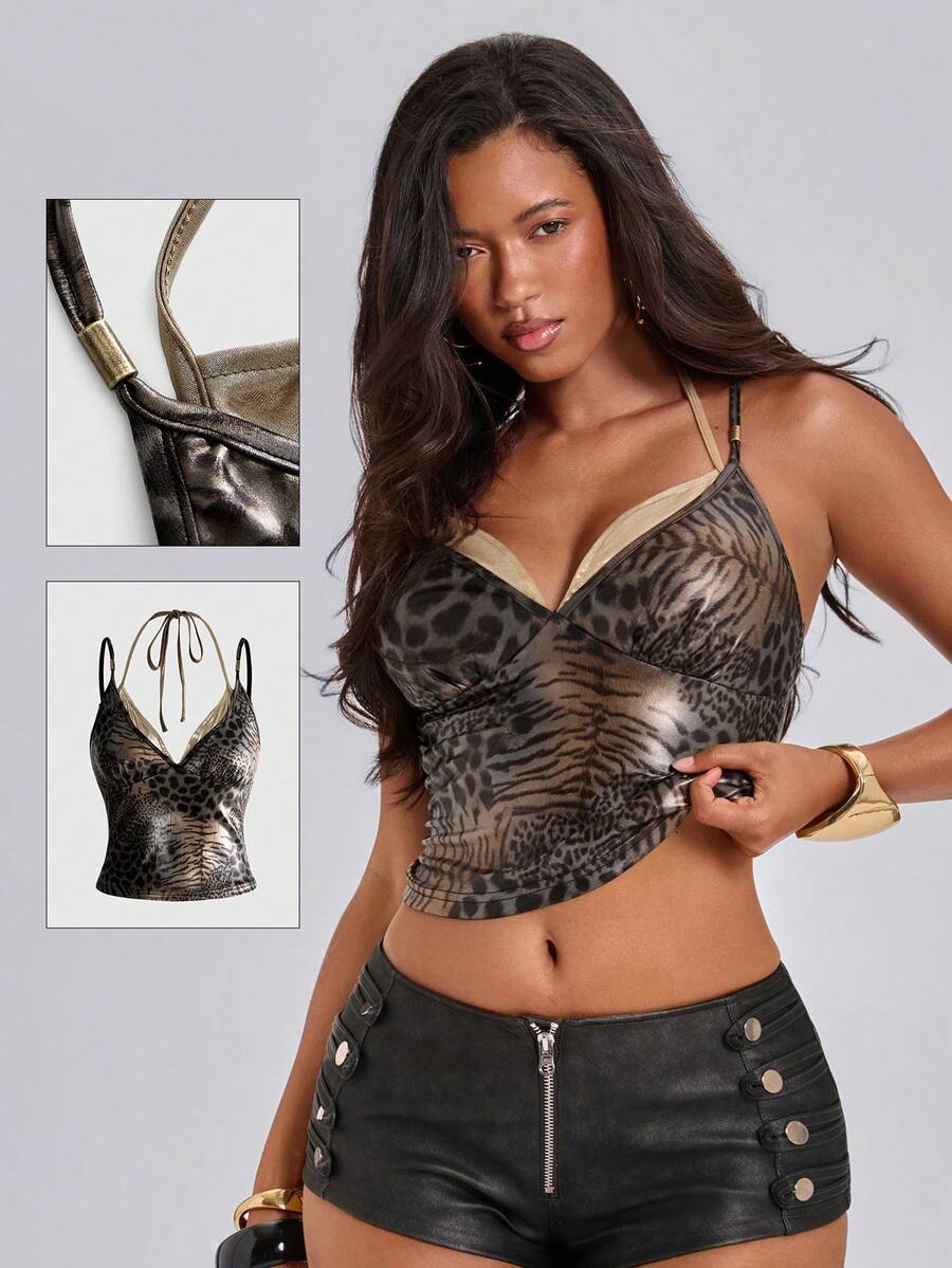 Women's Y2K animal print 2-in-1 halter crop cami top with color block patchwork and draped neckline