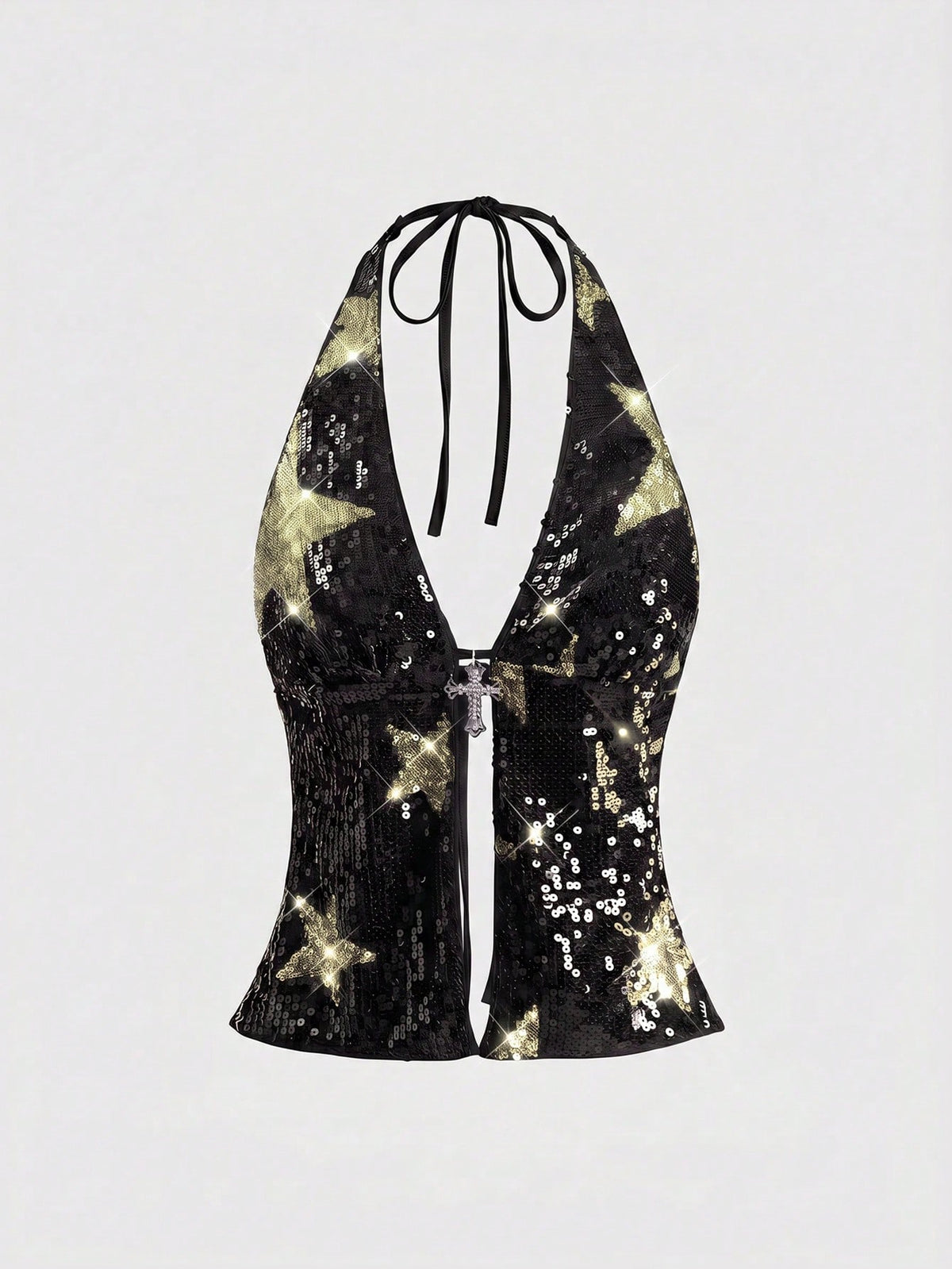 Women's sequin halter tank top featuring a backless slim fit design with knot and split details.