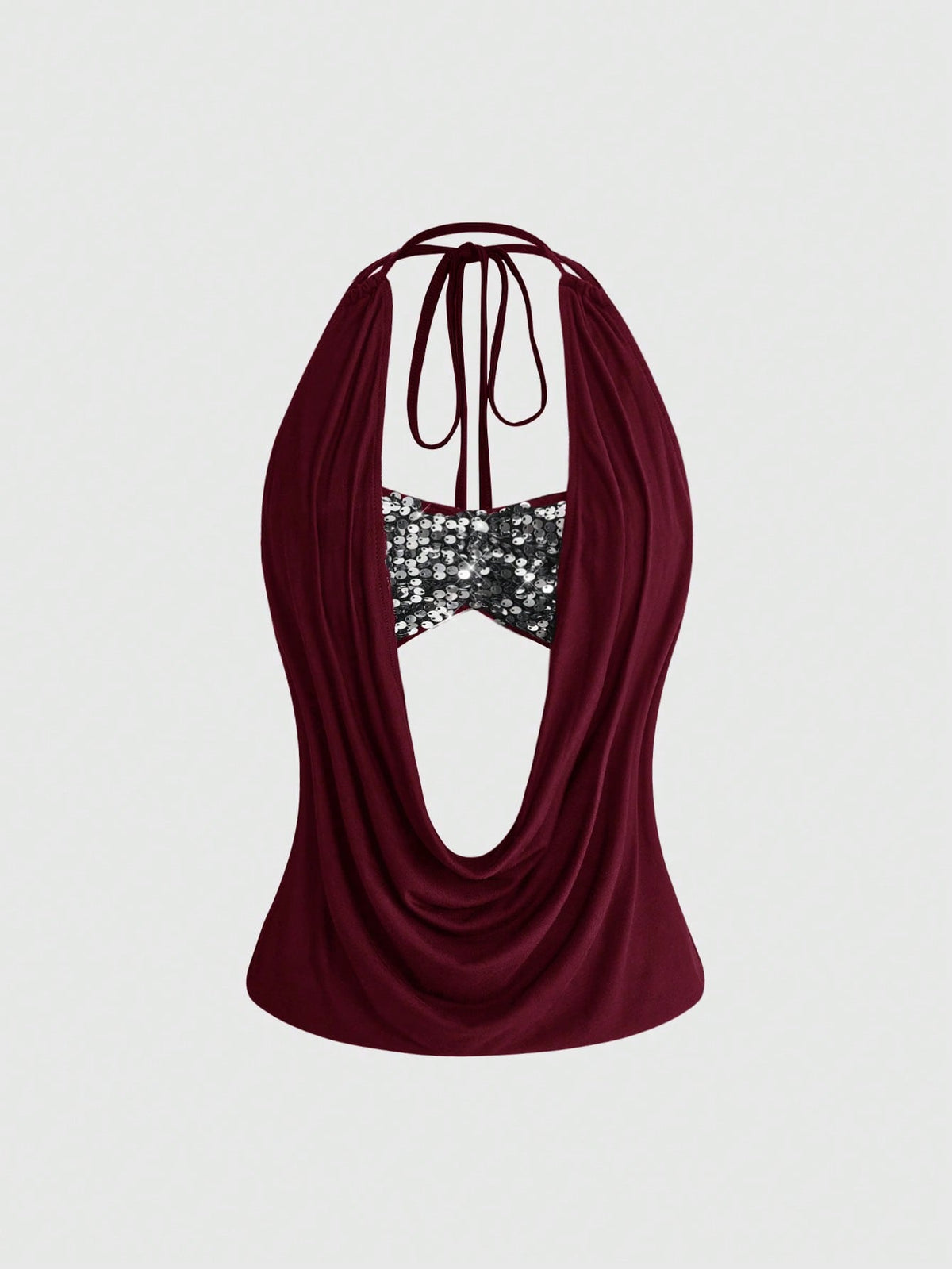 Women's black sequin halter tank top featuring a draped cowl neck and backless design