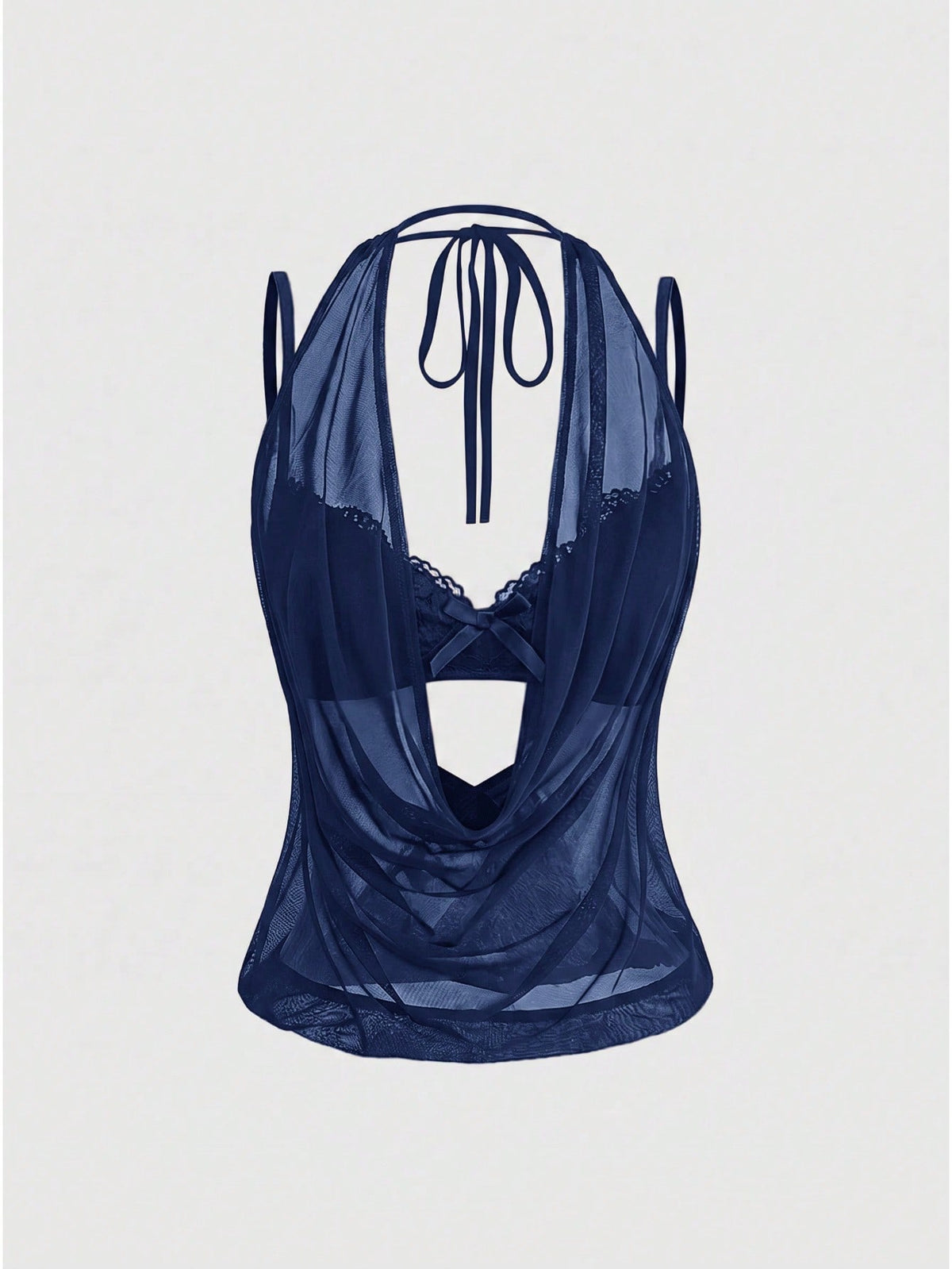 Women wearing a black draped backless halter crop top layered over a boned lace camisole.