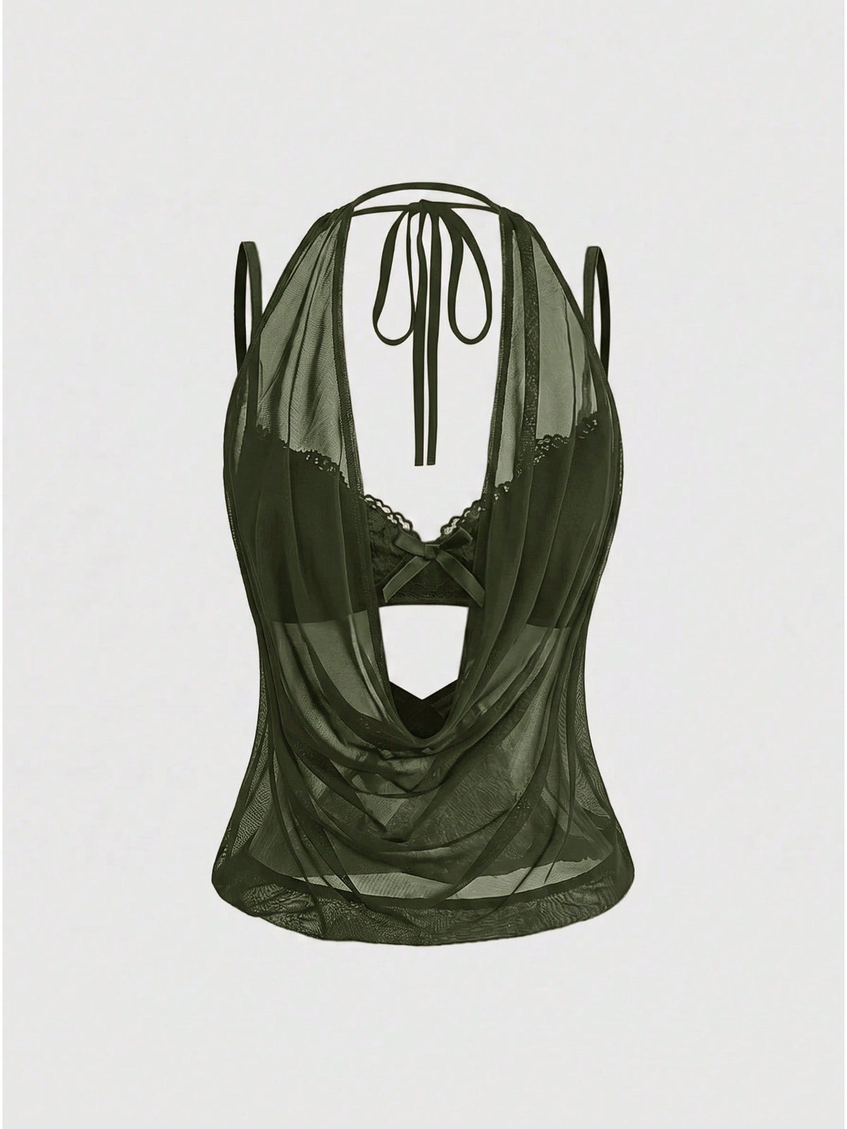 Women wearing a black draped backless halter crop top layered over a boned lace camisole.