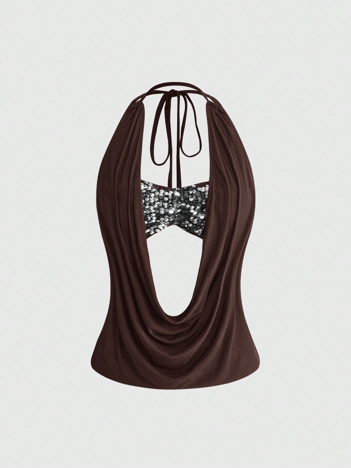 Women's black sequin halter tank top featuring a draped cowl neck and backless design