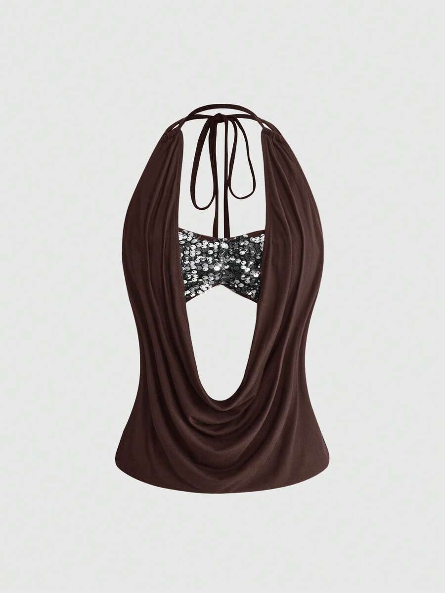 Women's black sequin halter tank top featuring a draped cowl neck and backless design