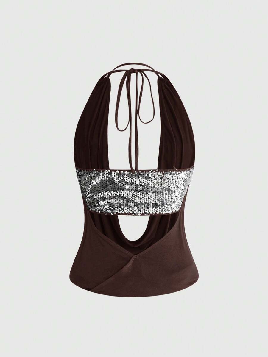 Women's black sequin halter tank top featuring a draped cowl neck and backless design
