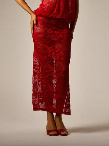 Red sheer floral lace pencil maxi skirt featuring a side split, mid waist fit, and high stretch unlined lace material for women.