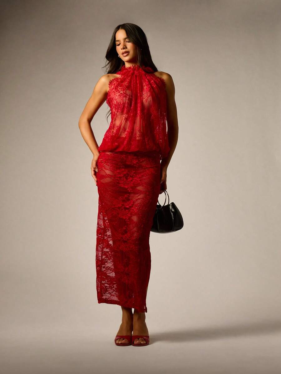 Red sheer floral lace pencil maxi skirt featuring a side split, mid waist fit, and high stretch unlined lace material for women.