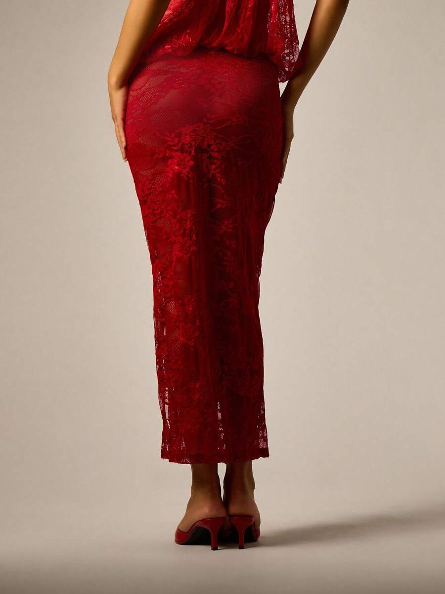 Red sheer floral lace pencil maxi skirt featuring a side split, mid waist fit, and high stretch unlined lace material for women.